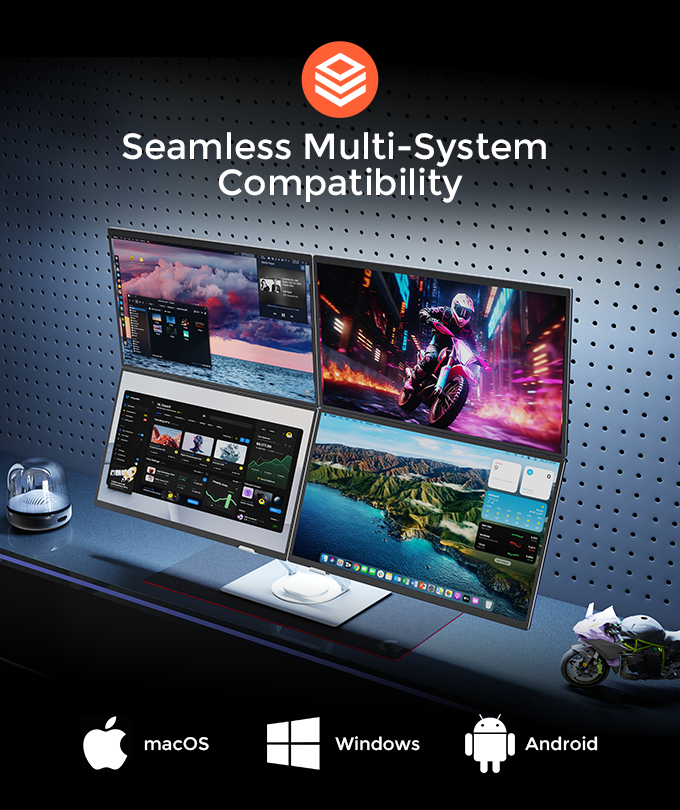 Foldable 4-screen laptop extender for multitasking – USB-C, 1080P, plug-and-play, compatible with Mac and Windows.