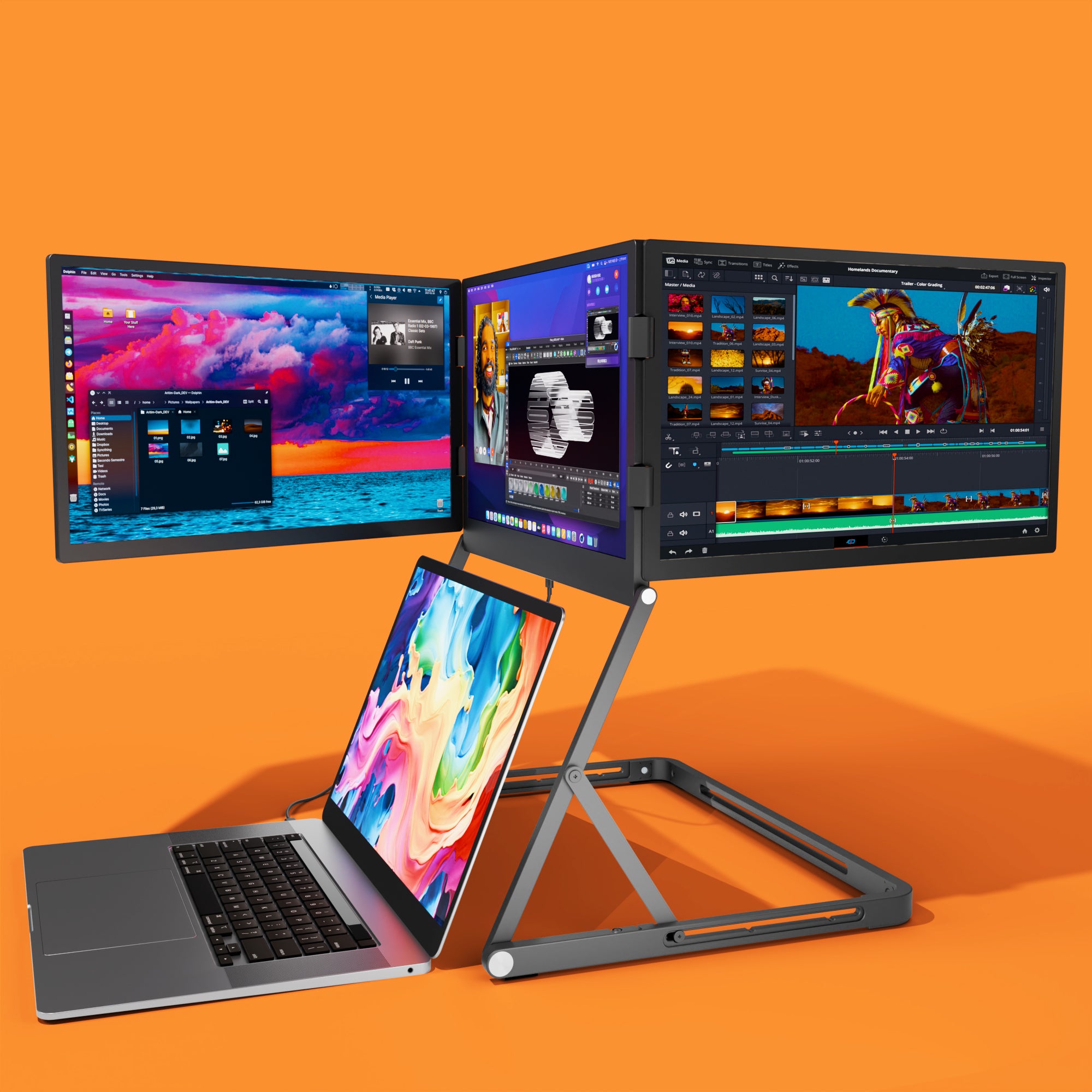 Lepow TriCreate Triple 15.6-inch portable laptop monitor with three foldable Full HD IPS screens connected to a MacBook, ideal for multitasking and productivity.