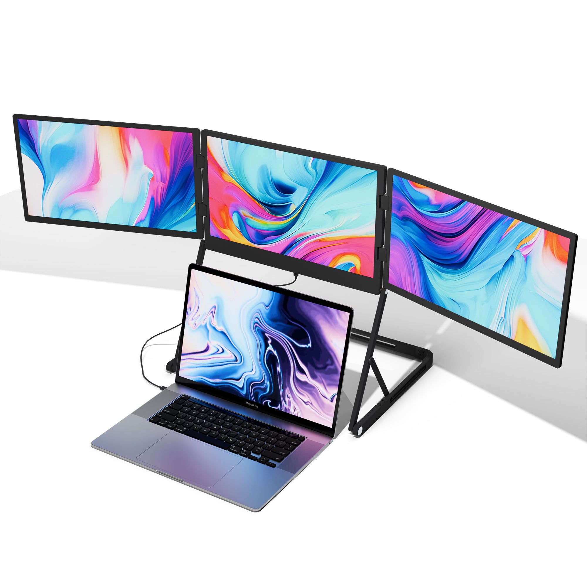 Lepow TriCreate Triple 15.6-inch portable laptop monitor with three foldable Full HD IPS screens connected to a MacBook, ideal for multitasking and productivity.