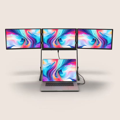 Lepow TriCreate Triple 15.6-inch portable laptop monitor with three foldable Full HD IPS screens connected to a MacBook, ideal for multitasking and productivity.