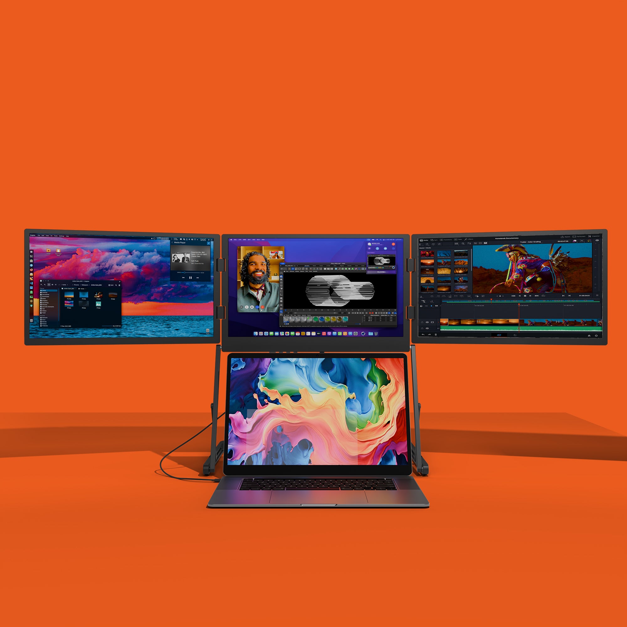 Lepow TriCreate Triple 15.6-inch portable laptop monitor with three foldable Full HD IPS screens connected to a MacBook, ideal for multitasking and productivity.