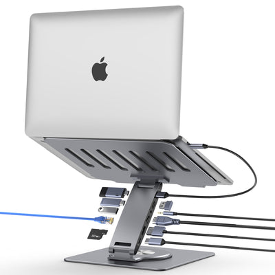 Lepow DockMate S 11-in-1 USB-C docking station and sturdy aluminum laptop stand, displayed with a laptop connected to HDMI, Ethernet, multiple USB ports, SD card, and power delivery—universal compatibility for MacBook, Dell, HP, Surface, and more.