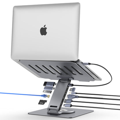 Lepow DockMate S 11-in-1 USB-C docking station and sturdy aluminum laptop stand, displayed with a laptop connected to HDMI, Ethernet, multiple USB ports, SD card, and power delivery—universal compatibility for MacBook, Dell, HP, Surface, and more.