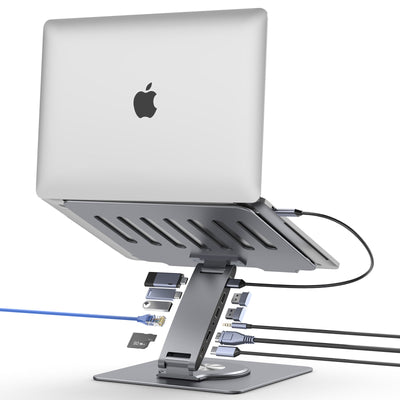 Lepow DockMate S 11-in-1 USB-C docking station and adjustable aluminum laptop stand, shown with a laptop connected to HDMI, USB ports, SD card, Ethernet cable, and power delivery—ideal for MacBook, Dell, HP, Surface, and other USB-C laptops.