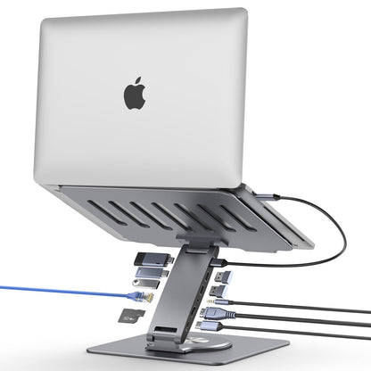 Lepow DockMate S 11-in-1 USB-C docking station and adjustable aluminum laptop stand, shown with a laptop connected to HDMI, USB ports, SD card, Ethernet cable, and power delivery—ideal for MacBook, Dell, HP, Surface, and other USB-C laptops.