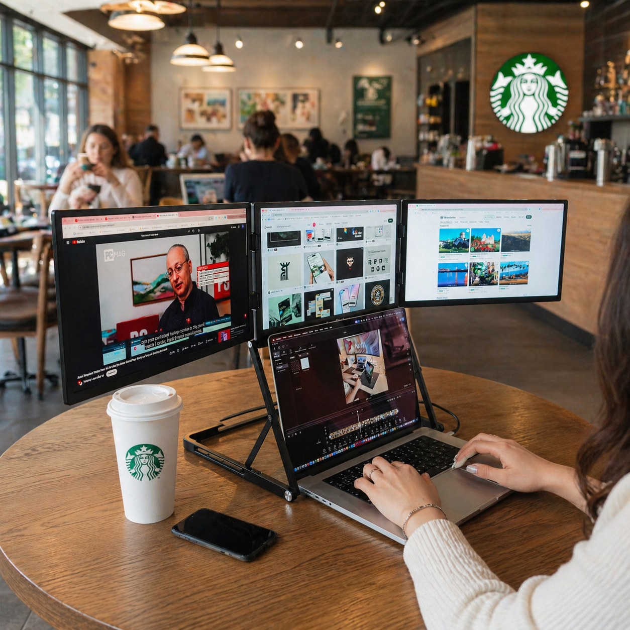 Lepow portable triple monitor setup with laptop, three external screens connected via USB-C for multitasking workspace