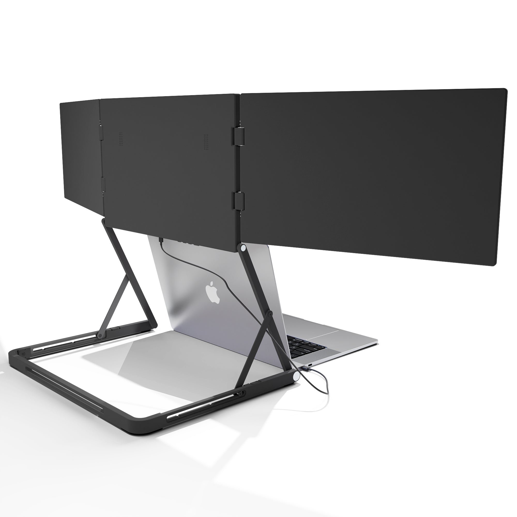 Lepow TriCreate Triple 15.6-inch portable laptop monitor with three foldable Full HD IPS screens connected to a MacBook, ideal for multitasking and productivity.