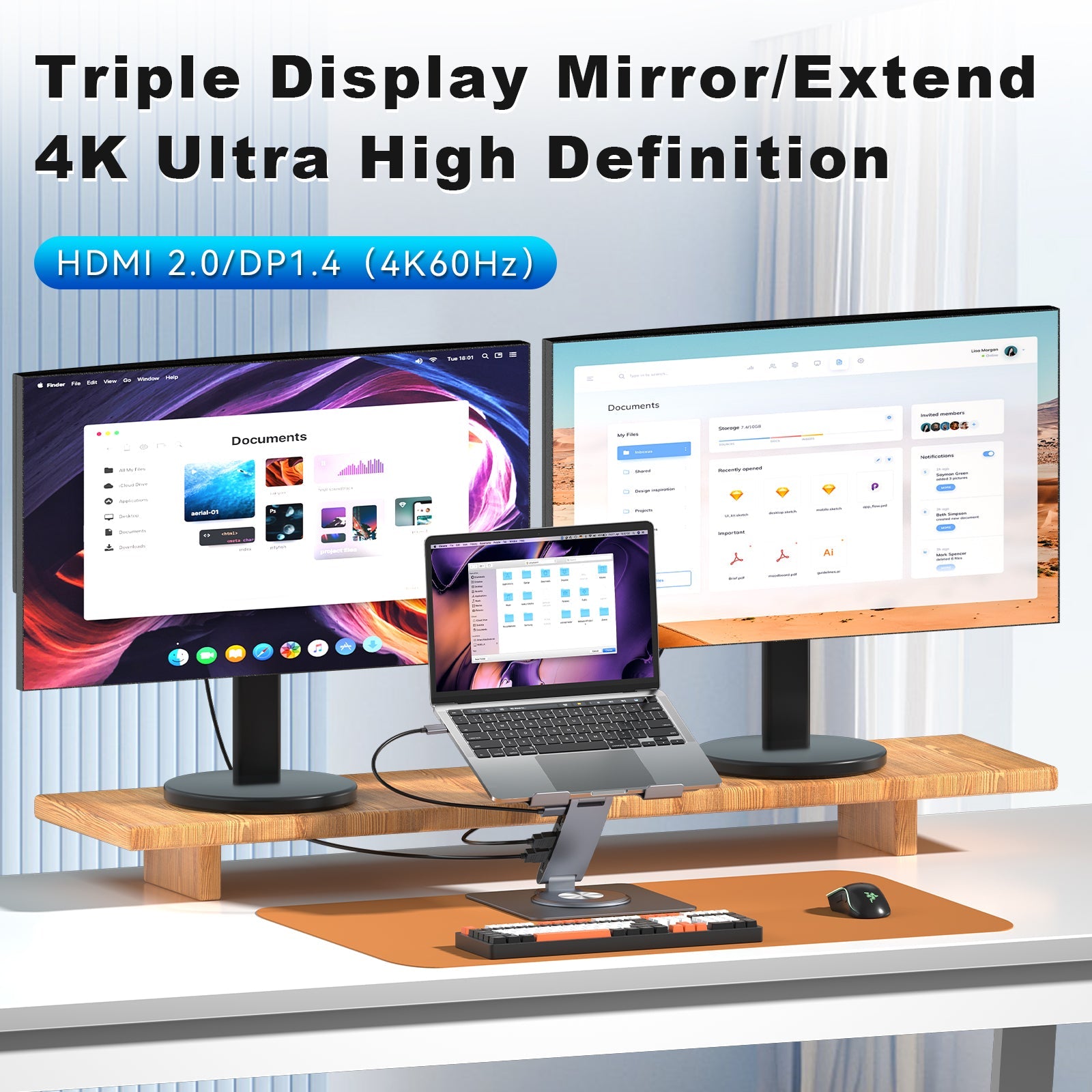 HISmart S08D+ Laptop Docking Station Stand 11-IN-1 Dual Display 4K HDMI Gigabit Ethernet USB3.0 PD100W 3.5mm Audio Jack TF/SD Card Reader HC 360° Swivel Laptop Stand with USB Hub for MacBook Pro/Air/Dell/HP/Surface
