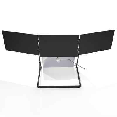 Lepow TriCreate Triple 15.6-inch portable laptop monitor with three foldable Full HD IPS screens connected to a MacBook, ideal for multitasking and productivity.