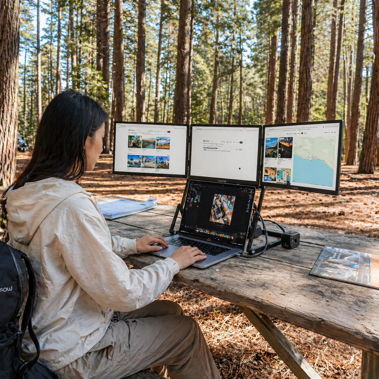 Lepow TriCreate Triple 15.6-inch portable laptop monitor with three foldable Full HD IPS screens connected to a MacBook, ideal for multitasking and productivity.