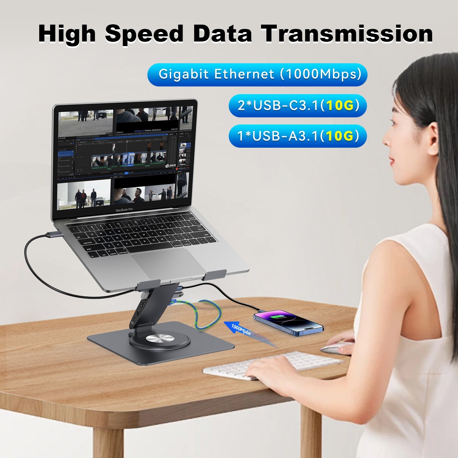 HISmart S08D+ Laptop Docking Station Stand 11-IN-1 Dual Display 4K HDMI Gigabit Ethernet USB3.0 PD100W 3.5mm Audio Jack TF/SD Card Reader HC 360° Swivel Laptop Stand with USB Hub for MacBook Pro/Air/Dell/HP/Surface