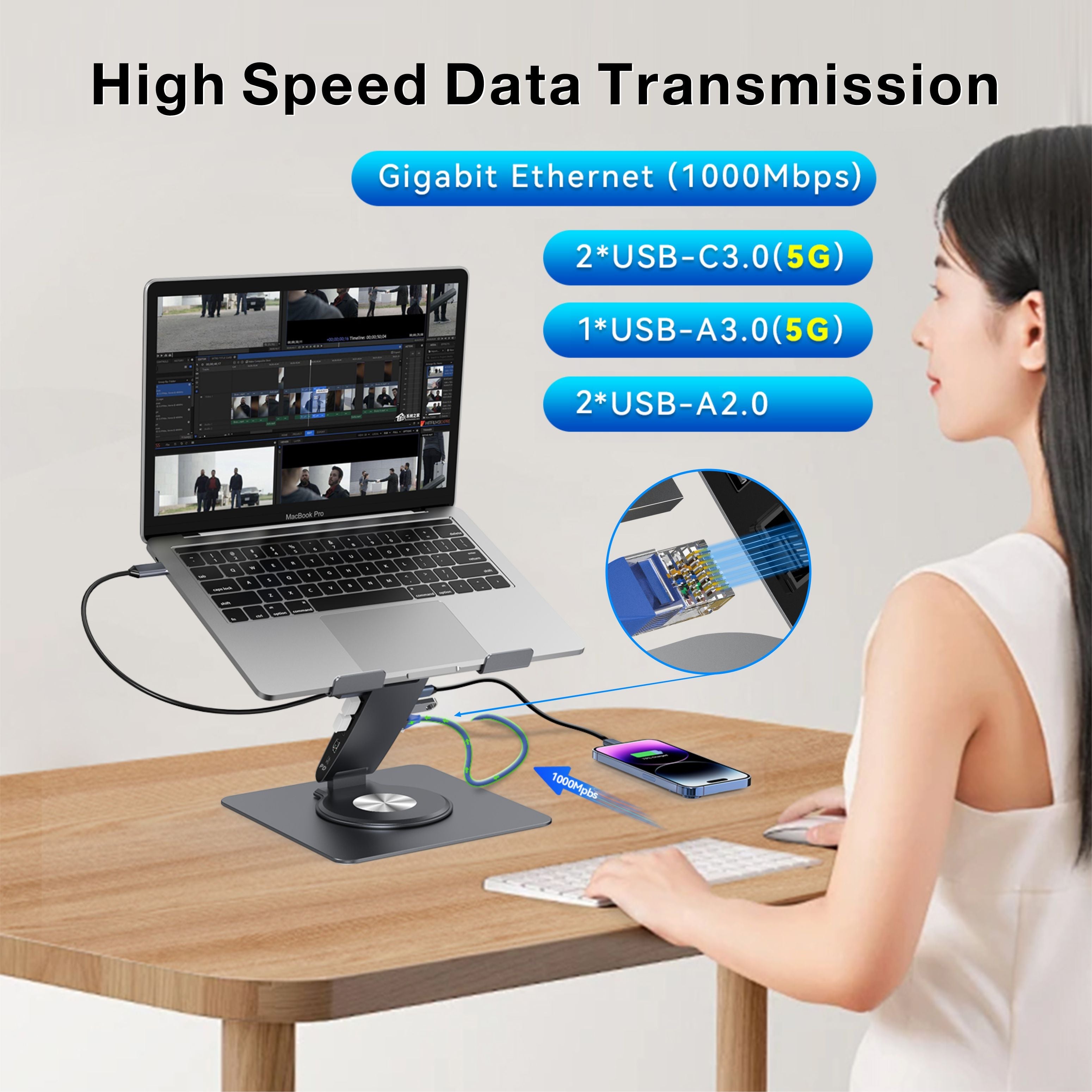 HISMART S07E Laptop Docking Station Stand 11-IN-1 Triple Display HDMI DP 4K60Hz Gigabit Ethernet USB3.1 PD100W SD/TF Card Reader Audio 360°Swivel Laptop Stand with USB Hub for MacBookPro/Air/Dell/HP/Surface/Lenovo