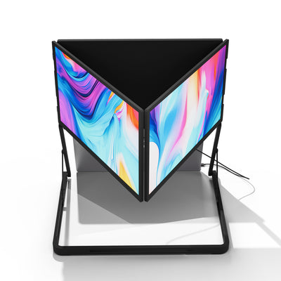 Lepow TriCreate Triple 15.6-inch portable laptop monitor with three foldable Full HD IPS screens connected to a MacBook, ideal for multitasking and productivity.