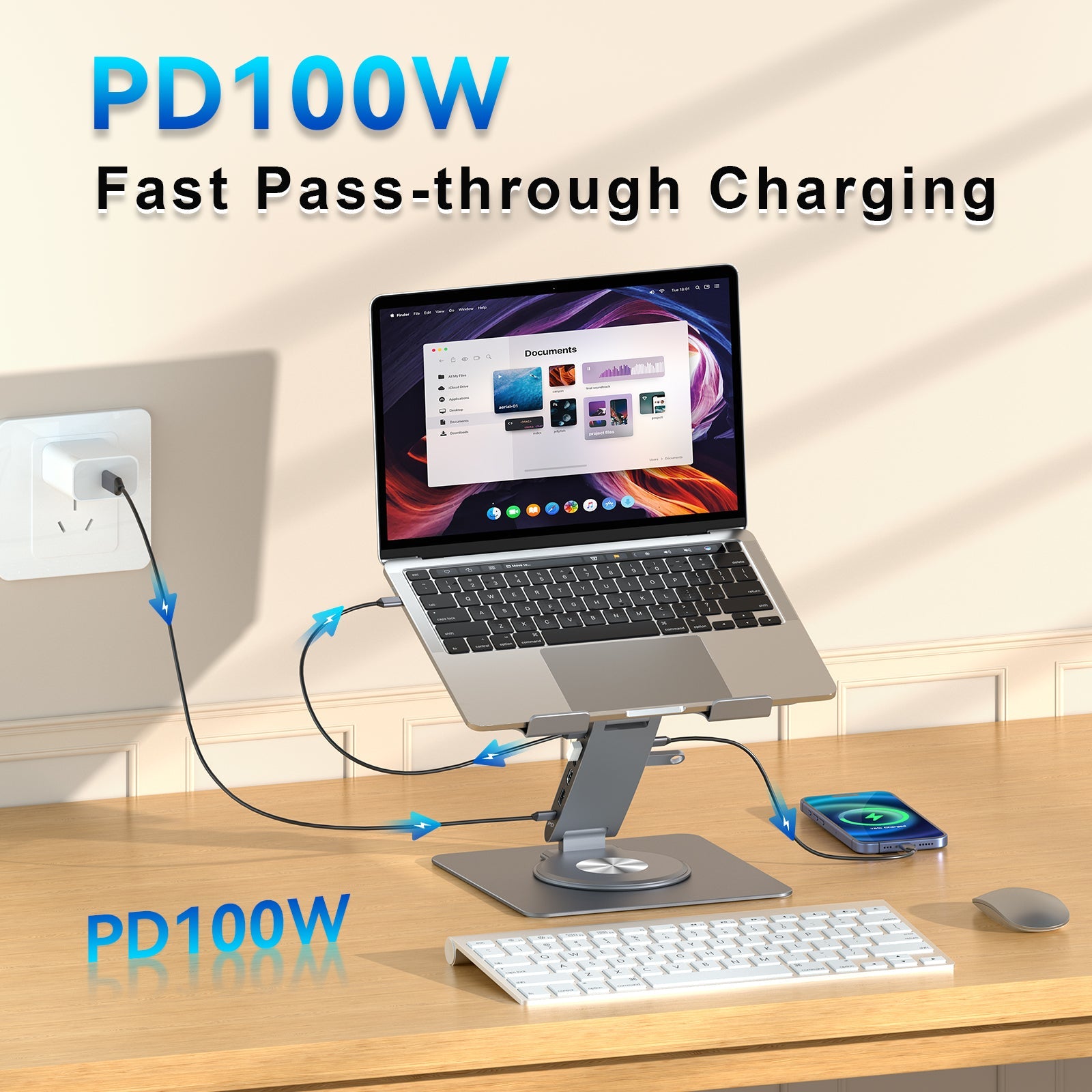 HISmart S08D+ Laptop Docking Station Stand 11-IN-1 Dual Display 4K HDMI Gigabit Ethernet USB3.0 PD100W 3.5mm Audio Jack TF/SD Card Reader HC 360° Swivel Laptop Stand with USB Hub for MacBook Pro/Air/Dell/HP/Surface