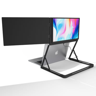 Lepow TriCreate Triple 15.6-inch portable laptop monitor with three foldable Full HD IPS screens connected to a MacBook, ideal for multitasking and productivity.