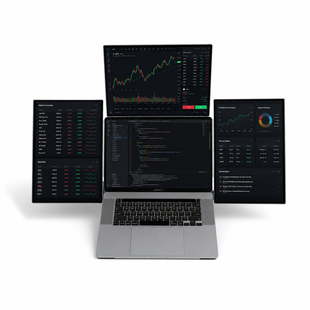16-inch modular multi-screen laptop setup with four displays arranged in a flexible layout, showing a panoramic workspace around a central laptop.