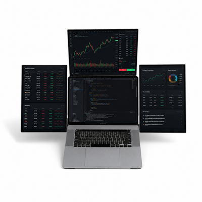 16-inch modular multi-screen laptop setup with four displays arranged in a flexible layout, showing a panoramic workspace around a central laptop.