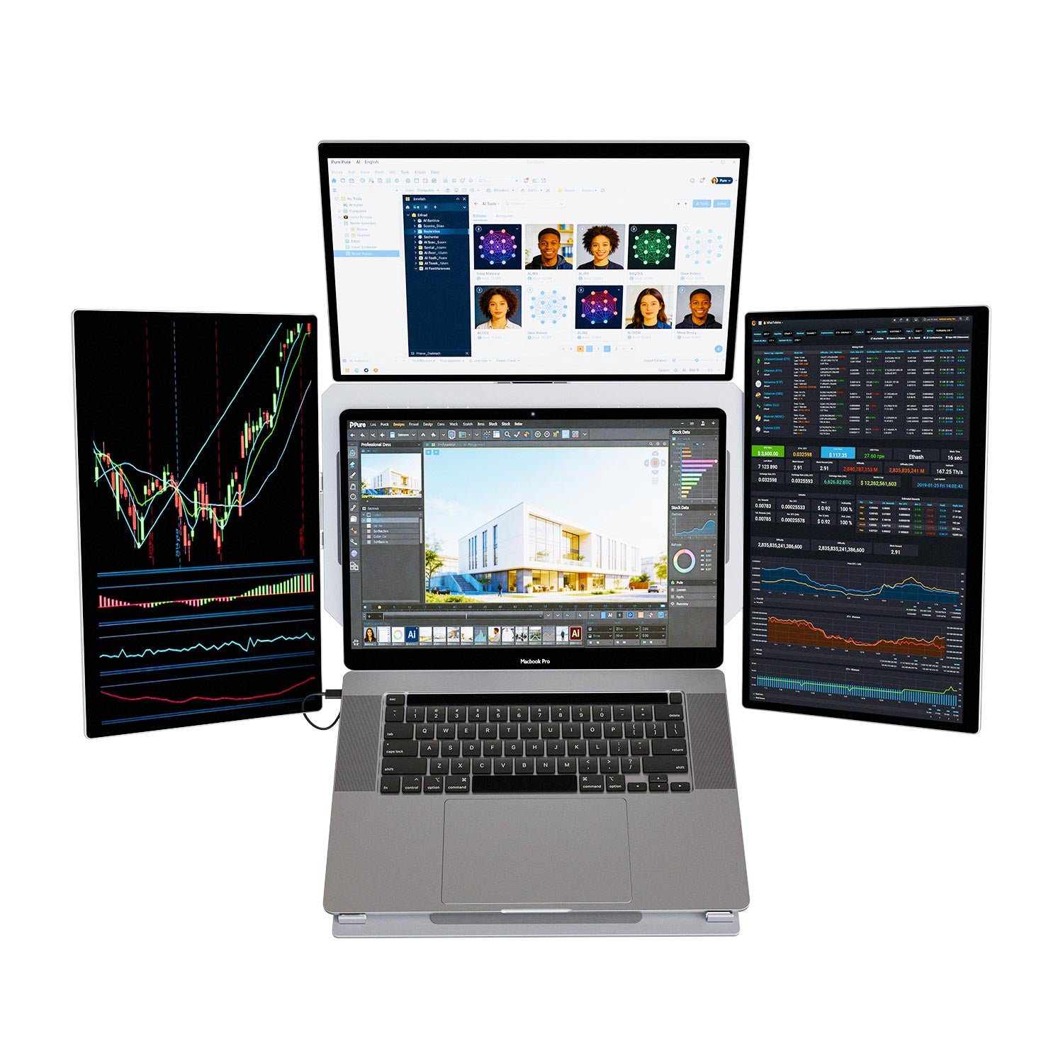 16-inch modular multi-screen laptop setup with four displays arranged in a flexible layout, showing a panoramic workspace around a central laptop.