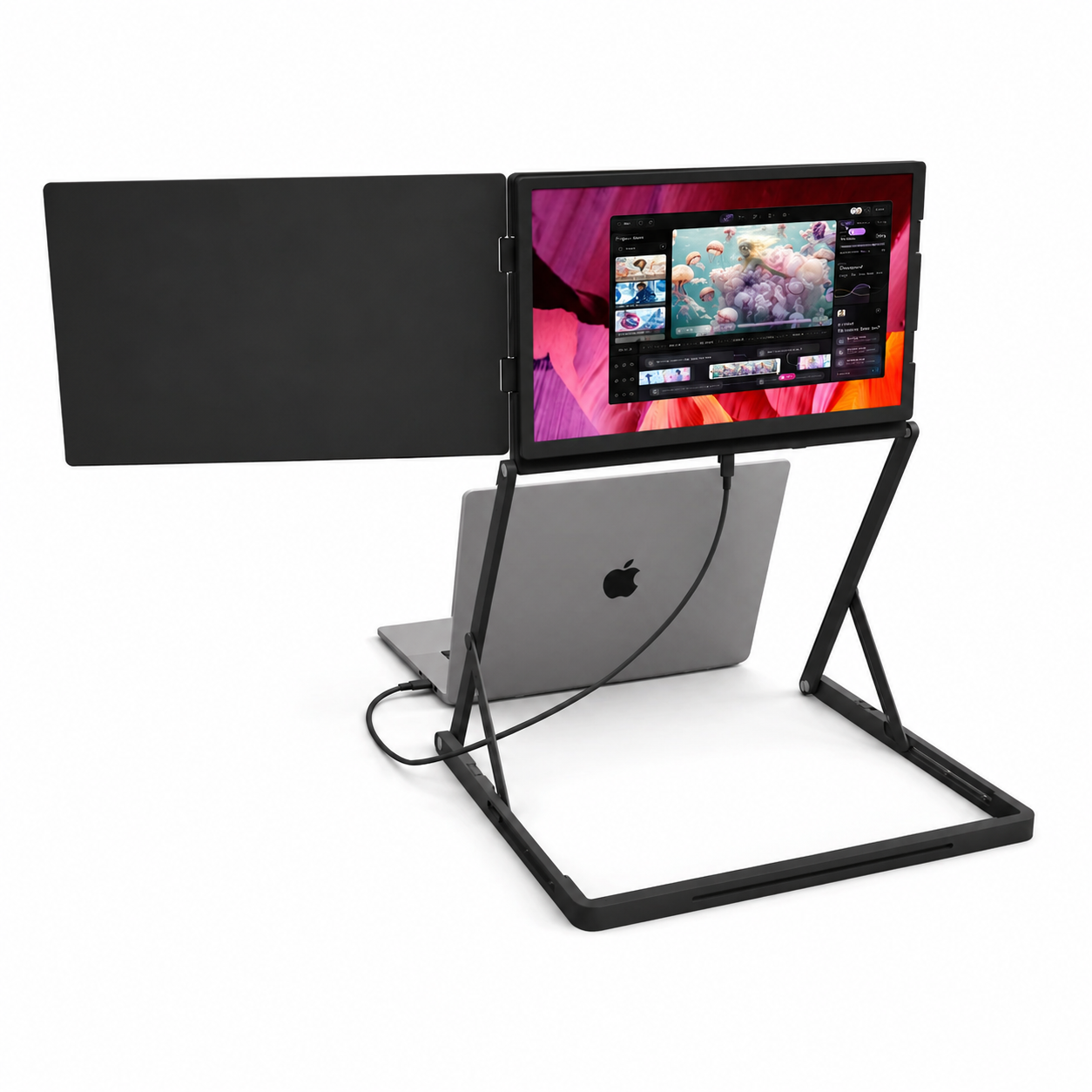 Lepow portable triple monitor setup with laptop, three external screens connected via USB-C for multitasking workspace
