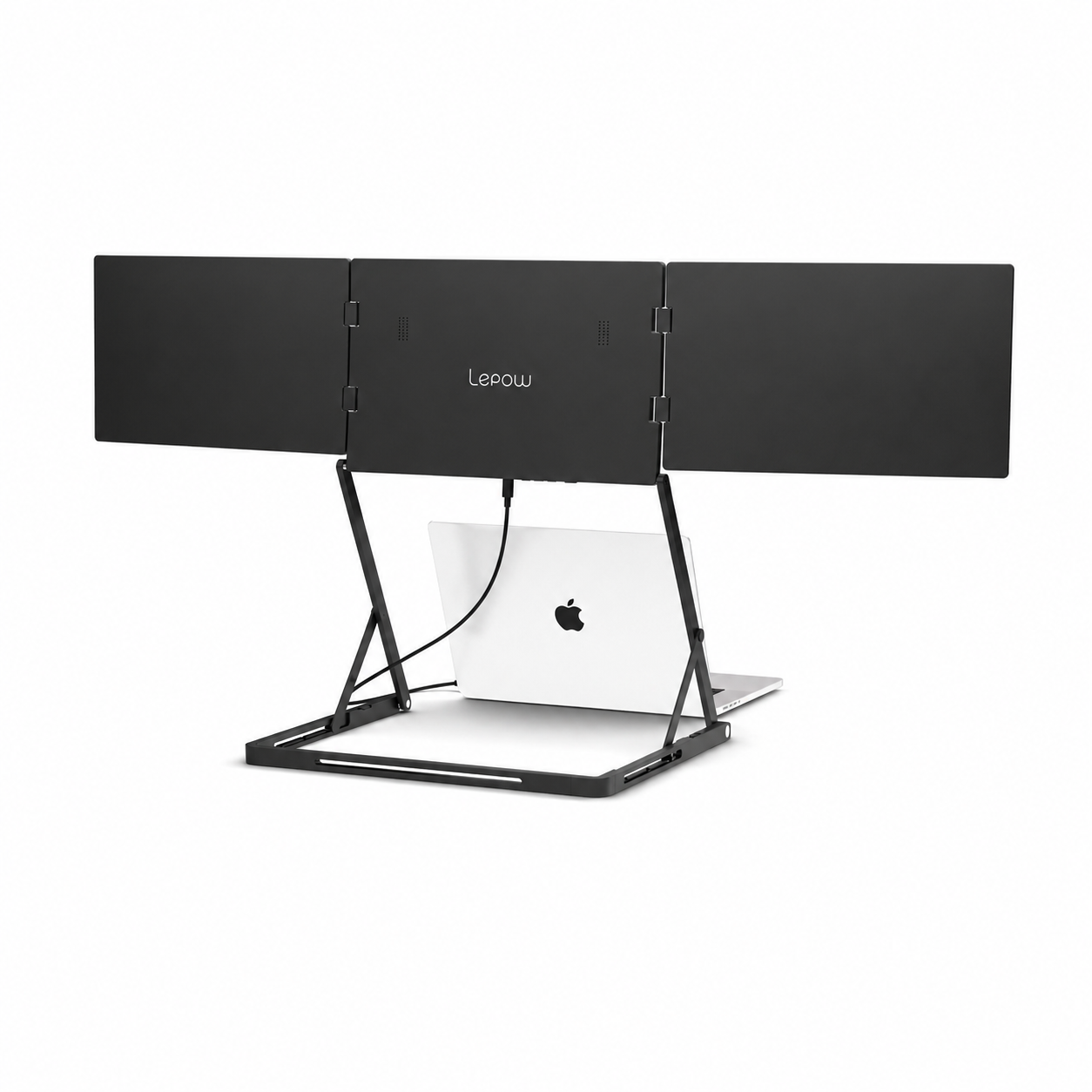 Lepow portable triple monitor setup with laptop, three external screens connected via USB-C for multitasking workspace