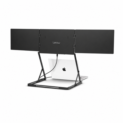Lepow portable triple monitor setup with laptop, three external screens connected via USB-C for multitasking workspace