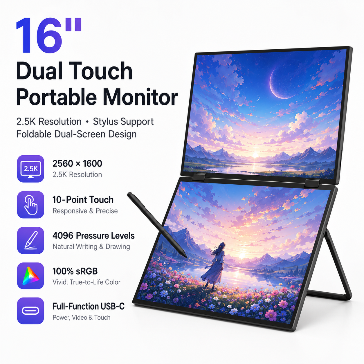 Lepow 16" 2.5K Dual-Screen Touch Portable Monitor