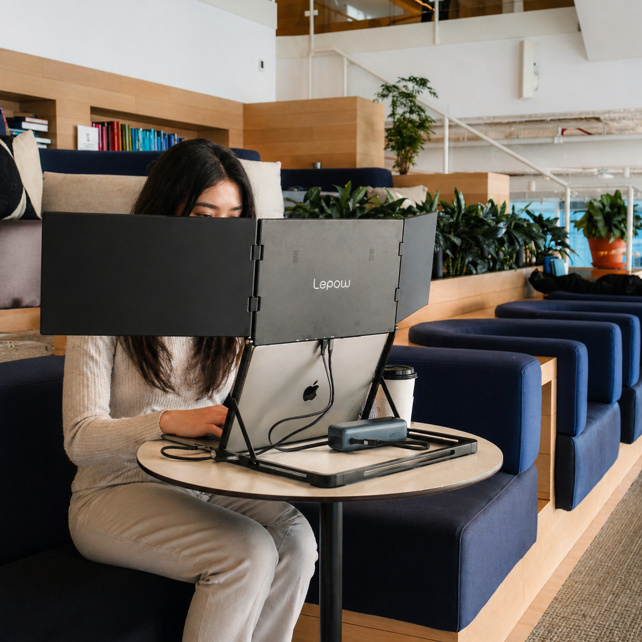 Lepow portable triple monitor setup with laptop, three external screens connected via USB-C for multitasking workspace
