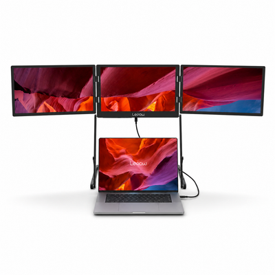 Lepow portable triple monitor setup with laptop, three external screens connected via USB-C for multitasking workspace