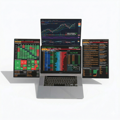 16-inch modular multi-screen laptop setup with four displays arranged in a flexible layout, showing a panoramic workspace around a central laptop.