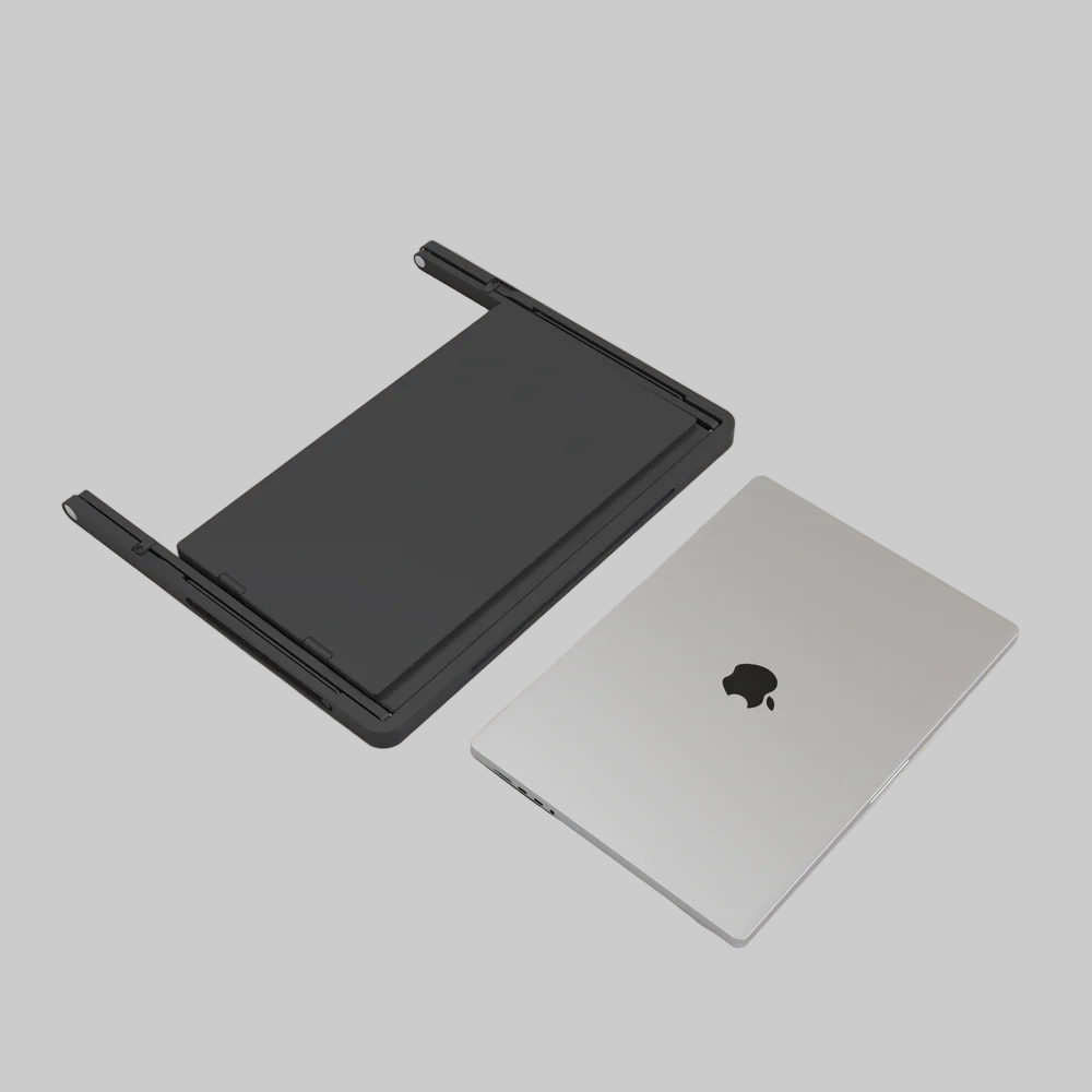 Lepow TriCreate Triple 15.6-inch portable laptop monitor with three foldable Full HD IPS screens connected to a MacBook, ideal for multitasking and productivity.