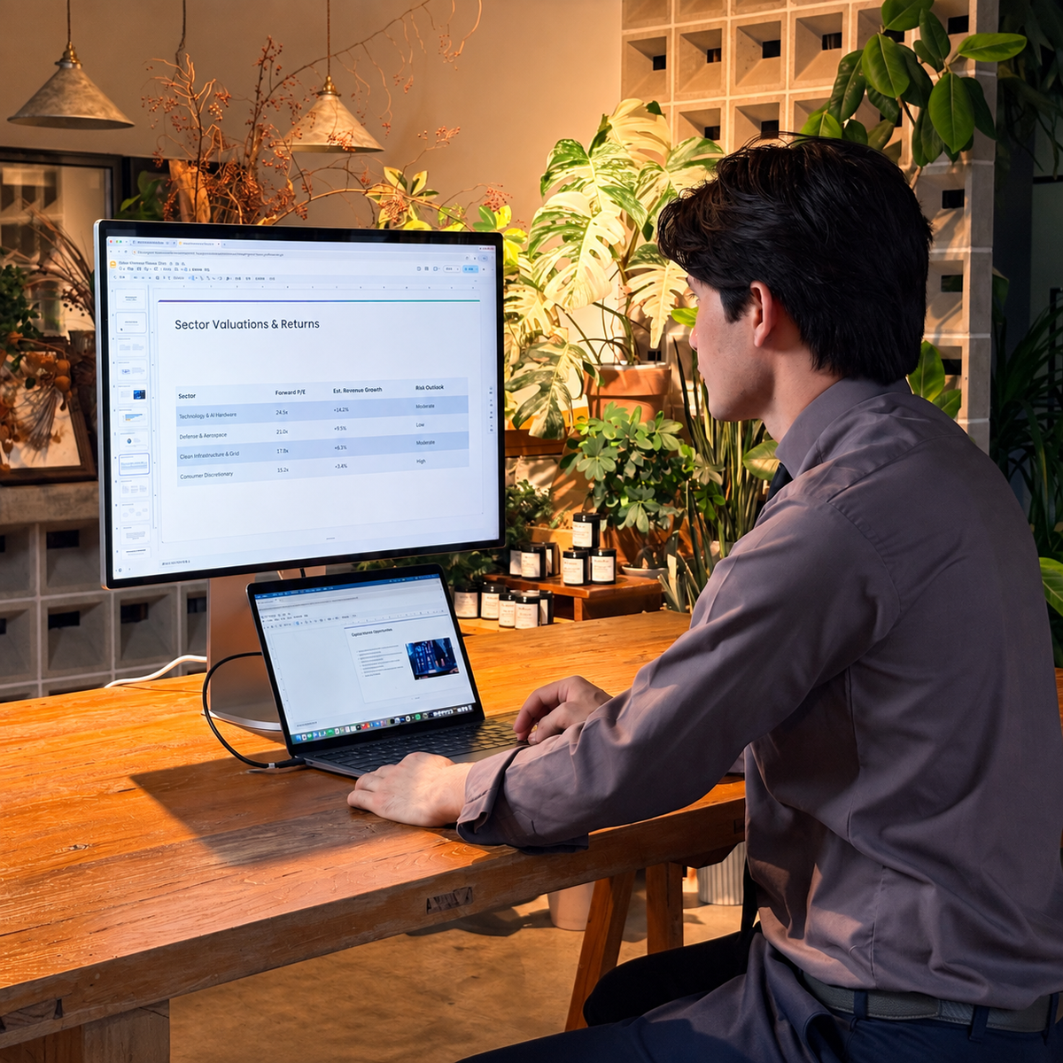 Lepow desktop monitor displaying a presentation, connected to a laptop in a warm café workspace.