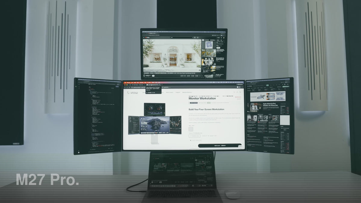 Load video: Video showing the Lepow TriScreen Pro with a 27-inch 4K main monitor and dual 16-inch side screens for a multi-screen desktop workstation.