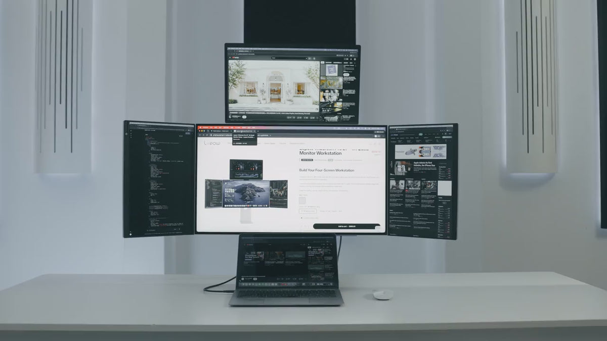 Load video: Video showing the Lepow TriScreen Pro with a 27-inch 4K main monitor and dual 16-inch side screens for a multi-screen desktop workstation.