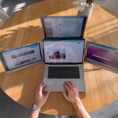 "Lepow 16 inch triple portable monitor – foldable three-screen display with USB-C, lightweight design for laptop and travel"